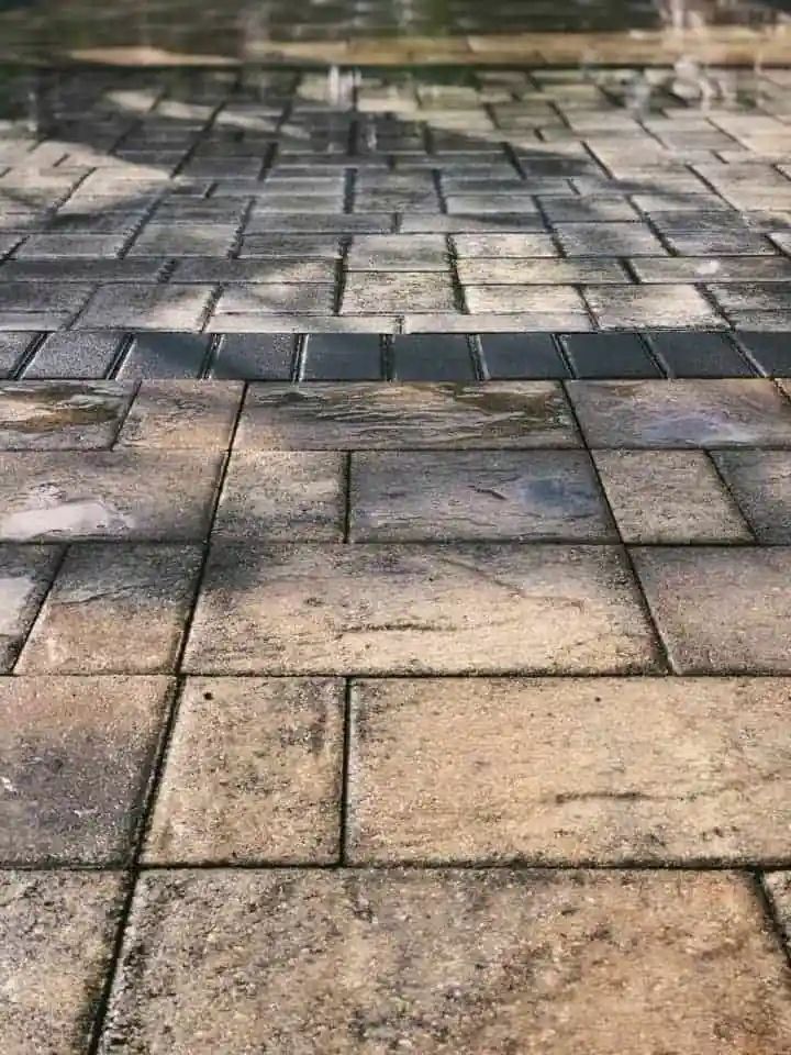 Close-up of a wet, rectangular stone patio with a border of darker stones, outdoors.