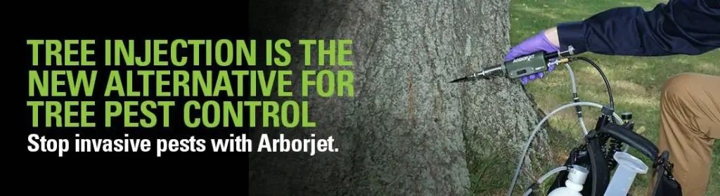 An advertisement for tree pest control featuring a person injecting a tree. The text reads, 