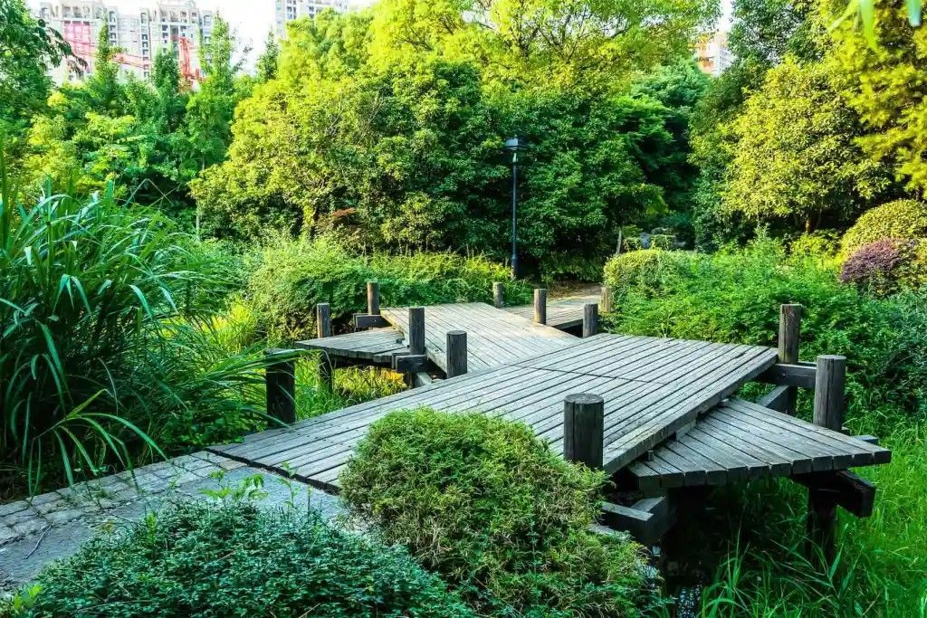 Wooden bridge in a lush green garden, surrounded by bushes and trees. Sunlight highlights the plants.