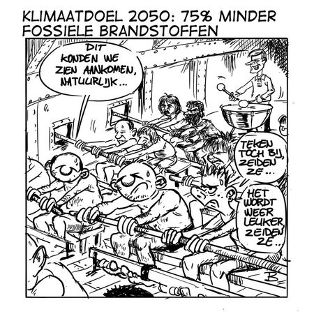 Cartoon: Mensen roeien in een boot, zwetend, met commentaar over klimaatdoelen en fossiele brandstoffen.