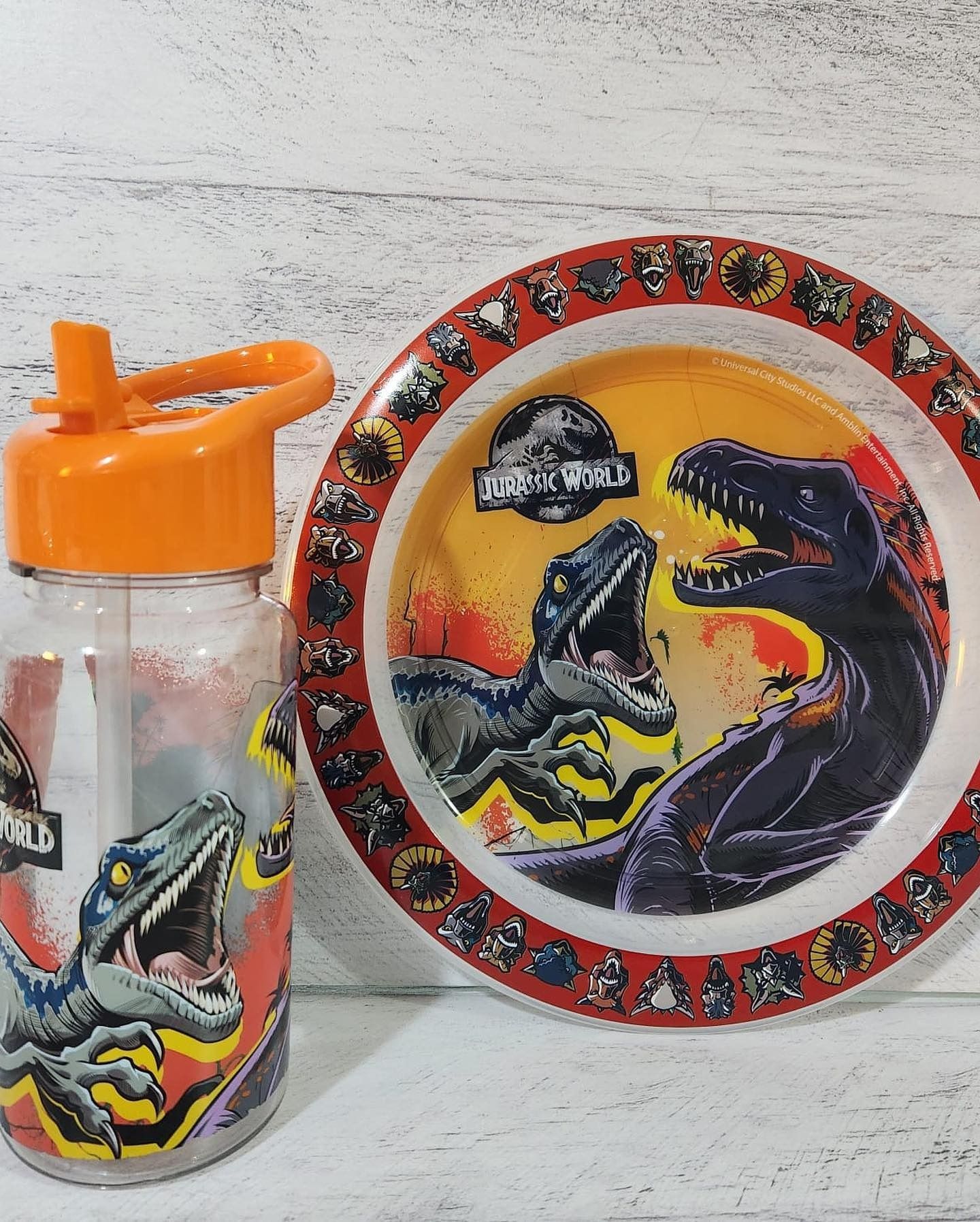 Botella de agua y plato con temática de Jurassic World. Ilustración de un raptor azul. Detalles en naranja y rojo.
