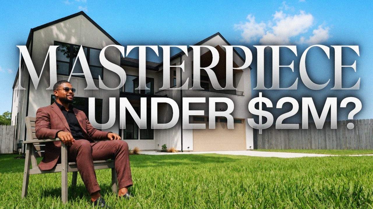 Modern house exterior with a seated man and large text: “MASTERPIECE UNDER $2M?”