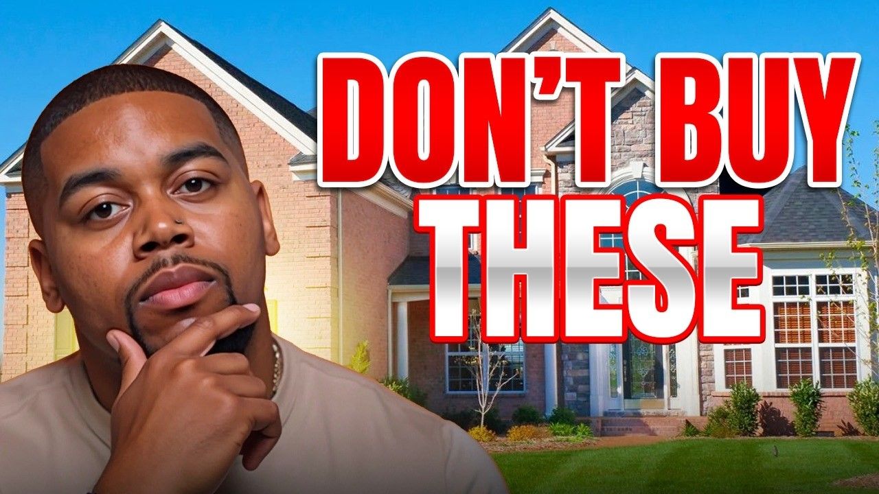 A man touching his chin, looking concerned, in front of a house with the red text