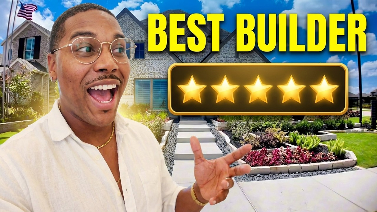 Smiling man in white shirt in front of a luxury house, with bold text “BEST BUILDER” and five stars.