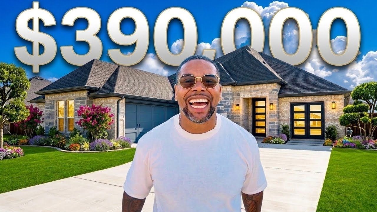 $390,000 text over a smiling man standing in front of a modern suburban house