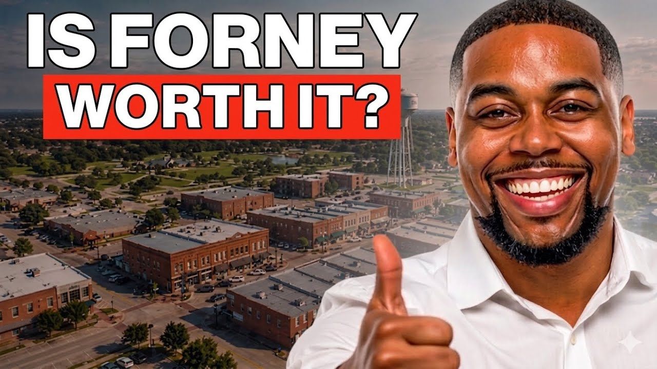 “Is Forney Worth It?” text over a city aerial with a smiling man giving a thumbs-up in the foreground