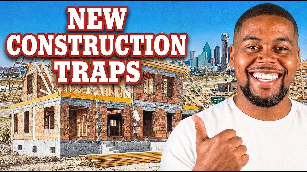New construction site with house frame and smiling man giving a thumbs-up; text reads “NEW CONSTRUCTION TRAPS”