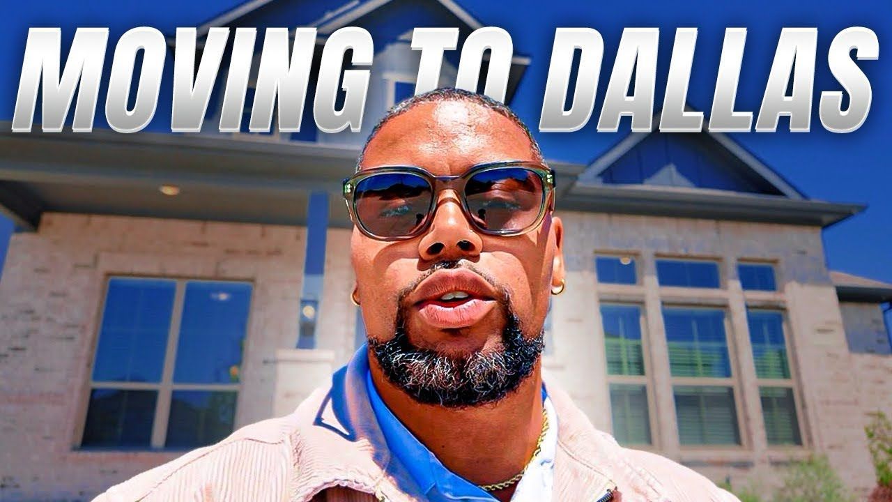 Man in sunglasses in front of a house with bold text reading “MOVING TO DALLAS”