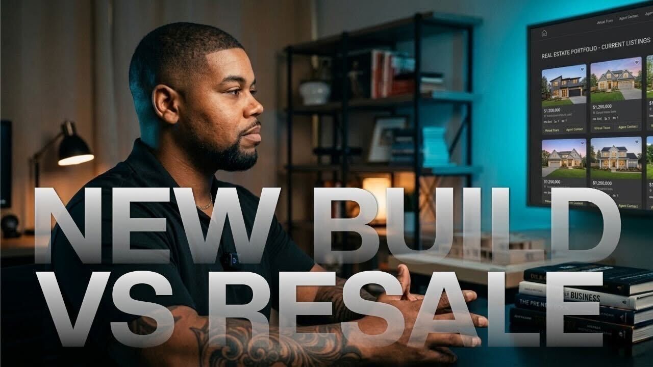 Text overlay “NEW BUILD VS RESALE” over a man working at a computer in an office