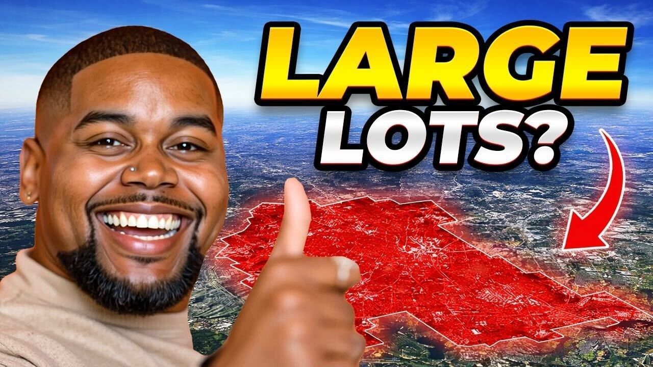 Smiling man giving thumbs-up beside bold “LARGE LOTS?” text over a red map graphic