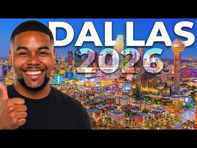 Smiling man giving a thumbs-up beside “DALLAS 2026” over a colorful city skyline
