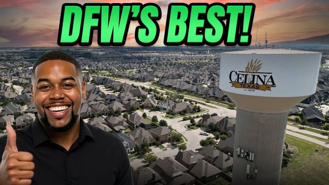 A man smiles and gives a thumbs up in front of an aerial view of Celina, Texas, with the text
