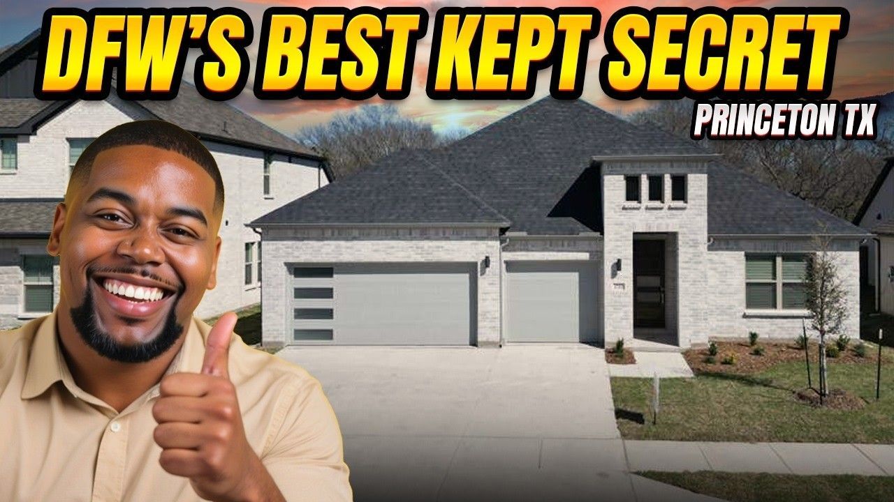 A smiling person giving a thumbs up in front of a modern residential home in Princeton, Texas. Text reads DFW'S BEST KEPT.
