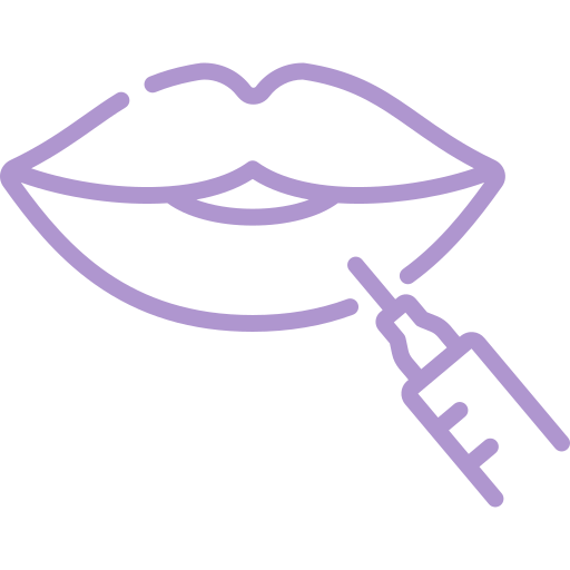 Un disegno con una linea viola raffigurante una donna che si sottopone a un'iniezione di botox nelle labbra.