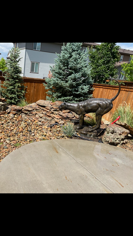 There is a statue of a dog in the backyard.