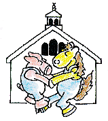 A pink pig and a yellow horse wearing overalls dance together in front of an outline of a schoolhouse.