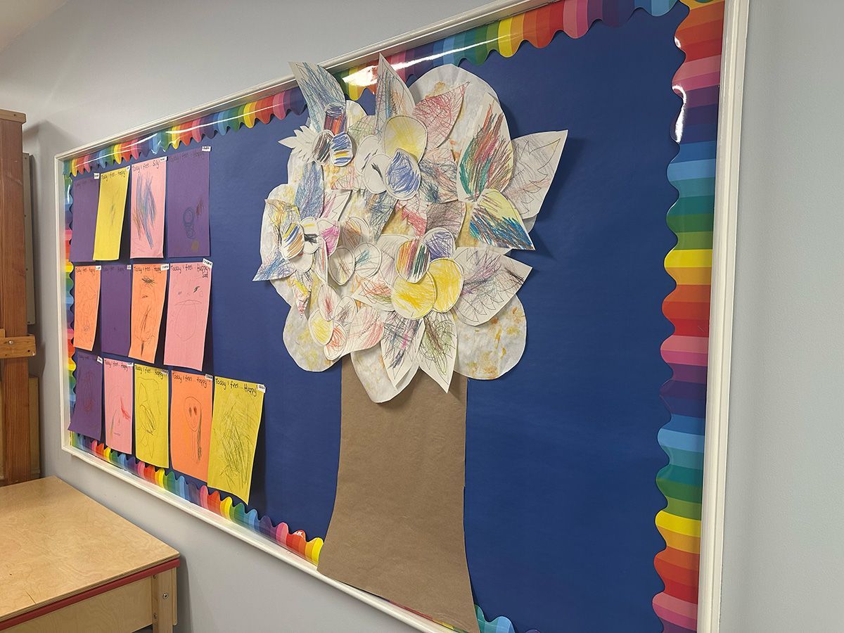 A bulletin board with a paper tree surrounded by colorful student art against a blue background.