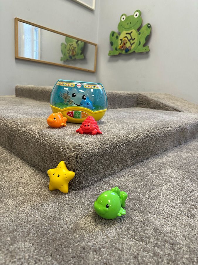 A toy fish bowl and colorful sea creature toys arranged on a carpeted step, with a frog wall decoration and mirror.