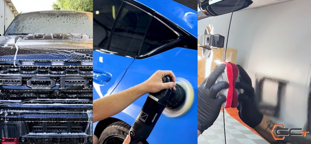 A person is polishing a blue car with a machine.