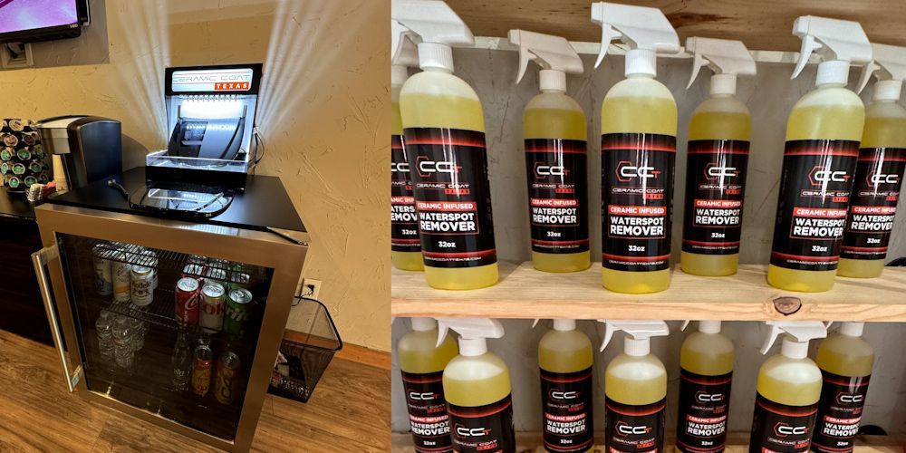 A picture of a bar and a picture of spray bottles on a shelf.