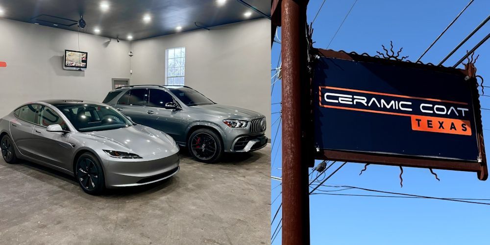 Two cars are parked in a garage next to a sign for ceramic coat texas.