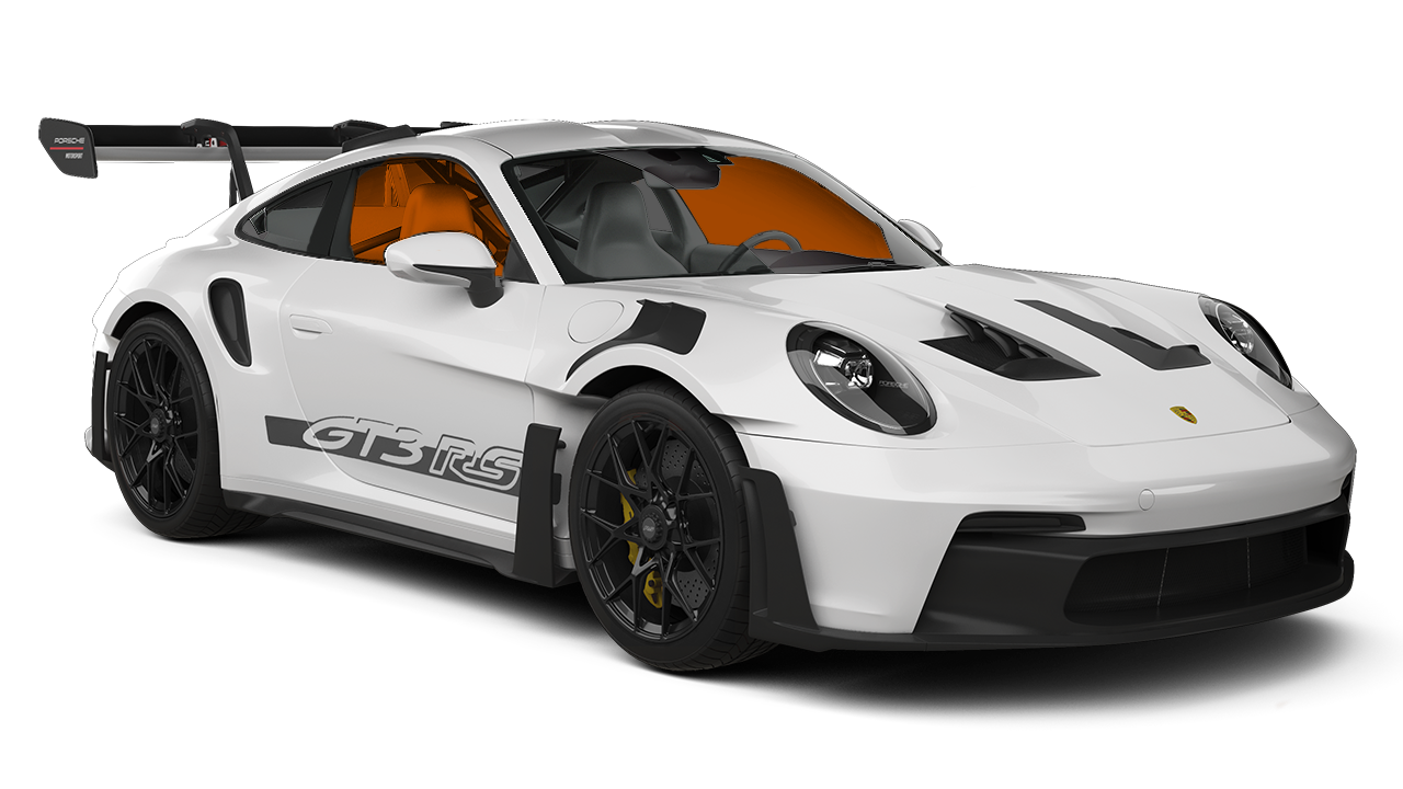 A white porsche 911 gt3 rs is shown on a white background.