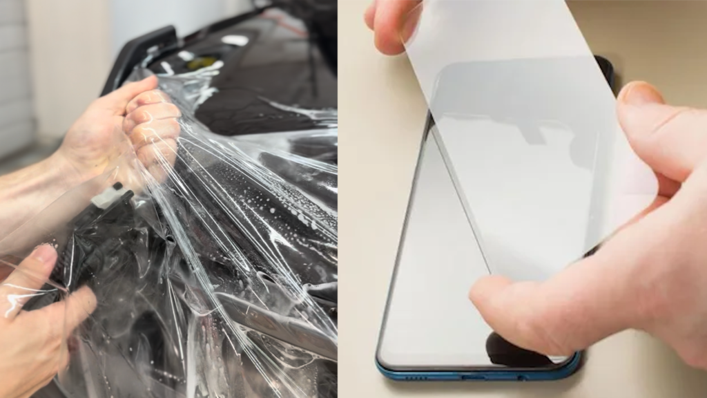 A person is holding a piece of plastic next to a cell phone.