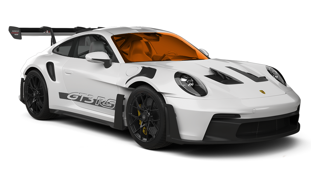 A white porsche 911 gt3 rs with an orange windshield on a white background.