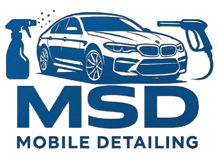 Blue logo: car with spray bottle and pressure washer, 