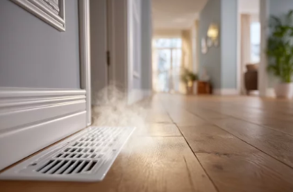 Smoke is coming out of a vent on the floor in a hallway.