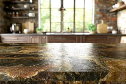 There is a table in the foreground and a kitchen in the background.