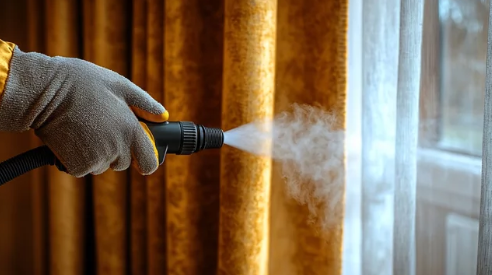 A person is cleaning curtains with a steam cleaner.