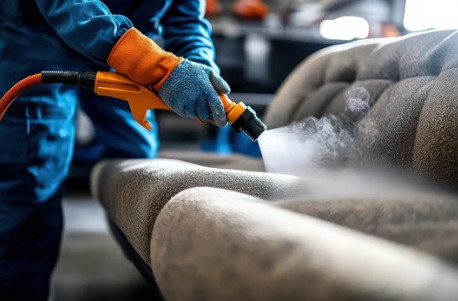 A person is cleaning a couch with a steam cleaner.