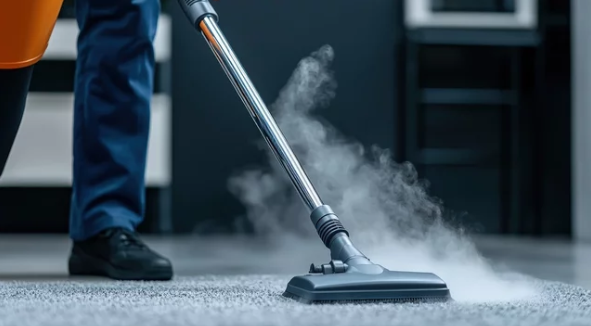 A person is using a vacuum cleaner to clean a carpet.