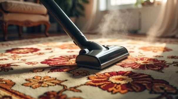 A vacuum cleaner is cleaning a rug in a living room.