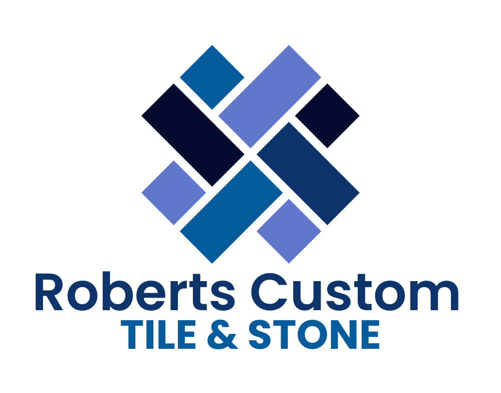 Logo for Roberts Custom Tile & Stone, featuring an interlocking tile pattern in shades of blue.