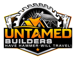 UNTAMED BUILDERS logo with orange text, gears, construction tools, and &ldquo;Have Hammer Will Travel!&rdquo; tagline