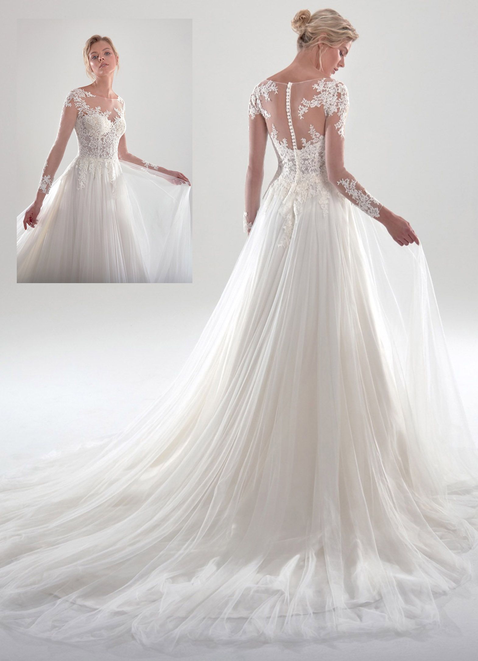 Una donna indossa un abito da sposa bianco con maniche lunghe.