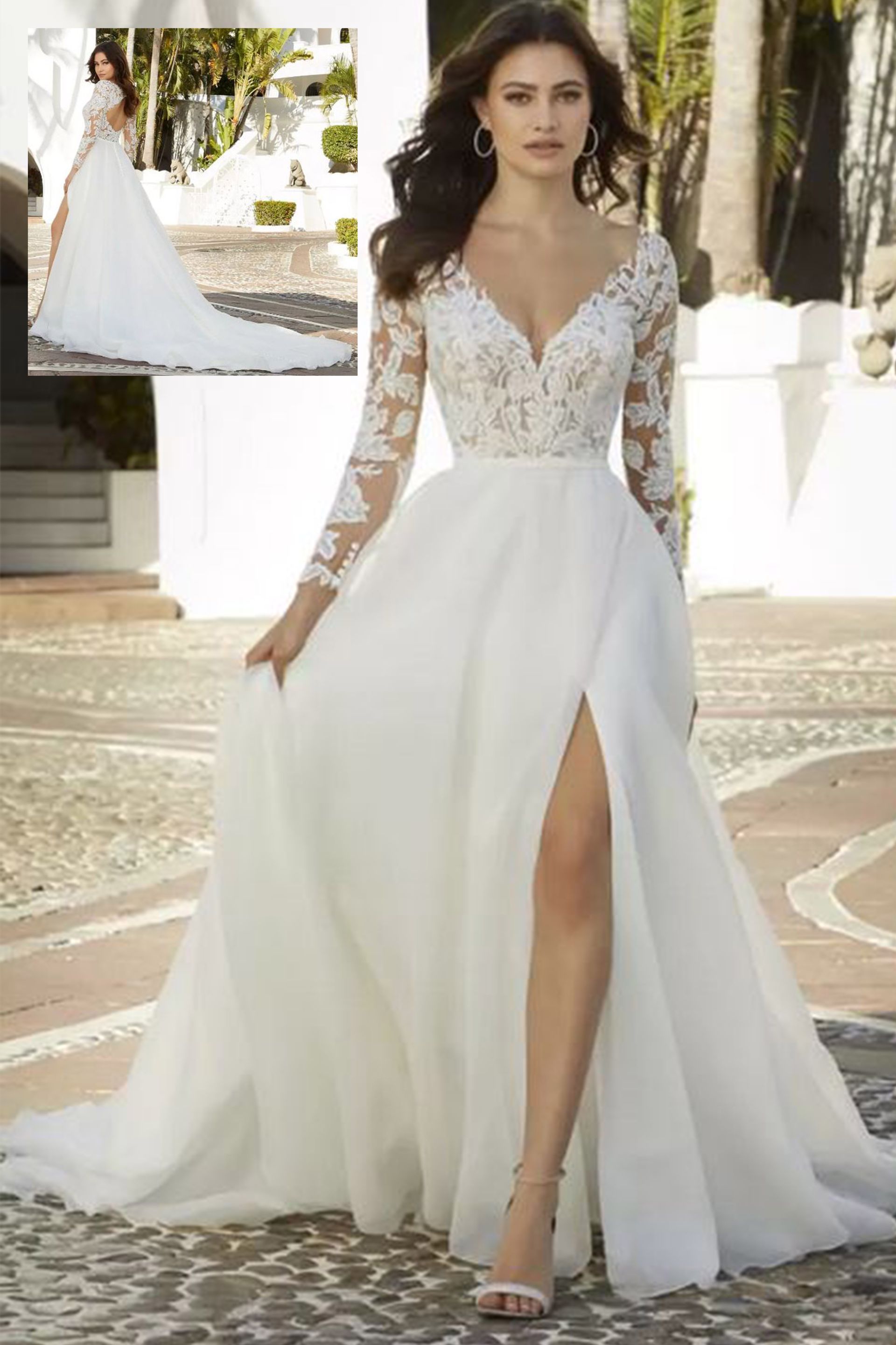 Una donna indossa un abito da sposa bianco con maniche lunghe e uno spacco profondo.