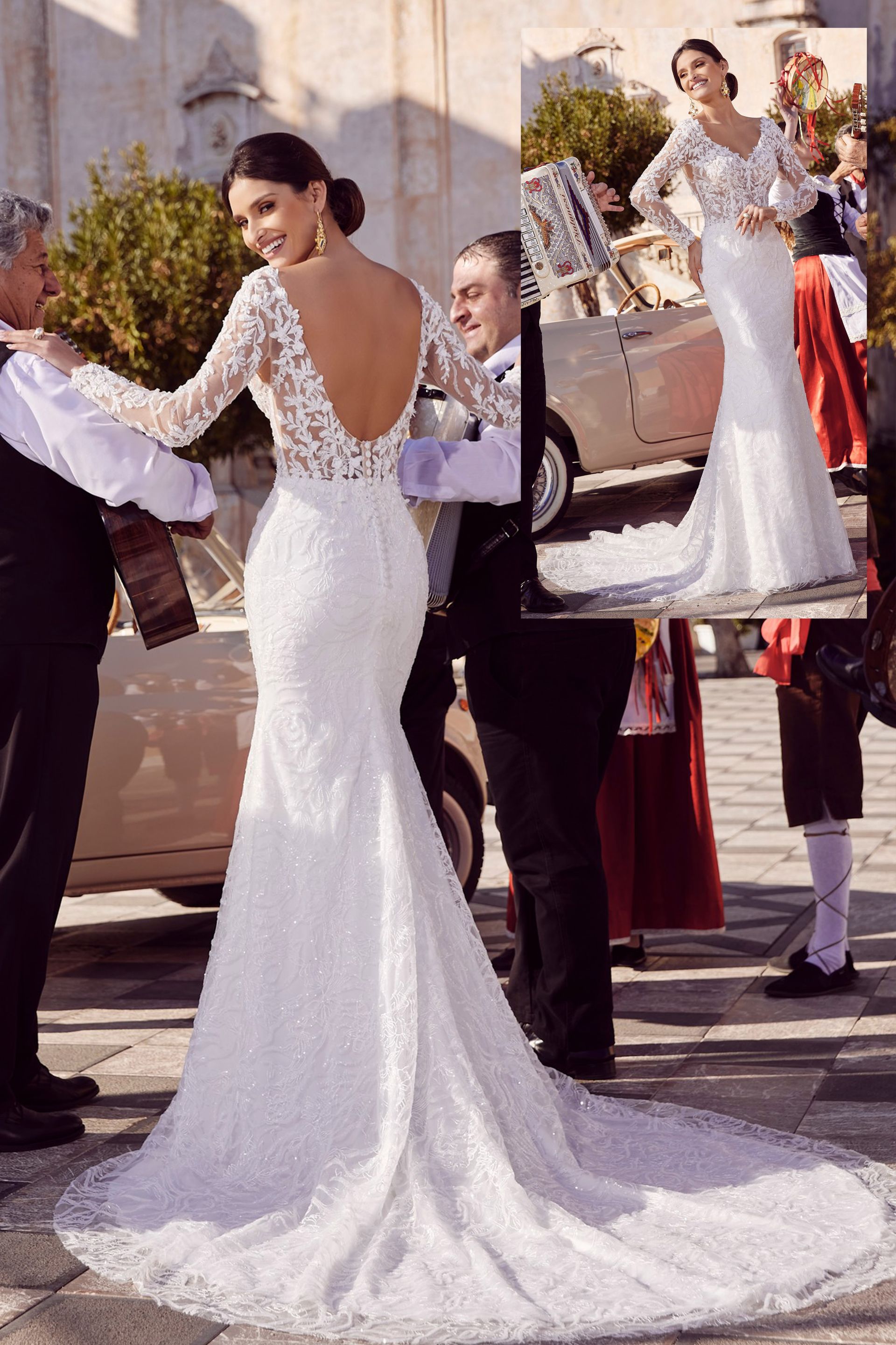 Una donna in abito da sposa è in piedi davanti a un'auto.