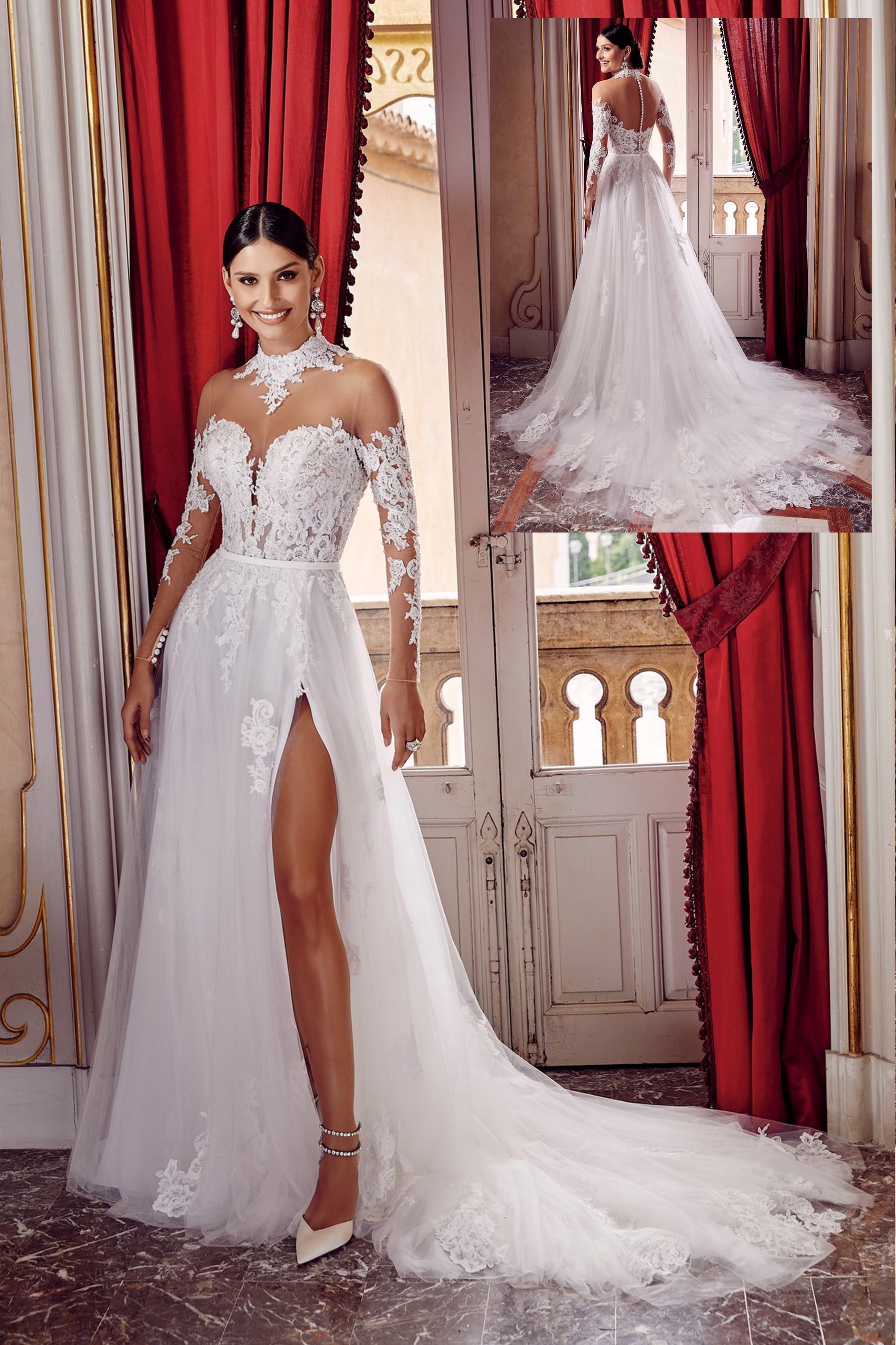 Una donna in abito da sposa bianco è in piedi davanti a una finestra.