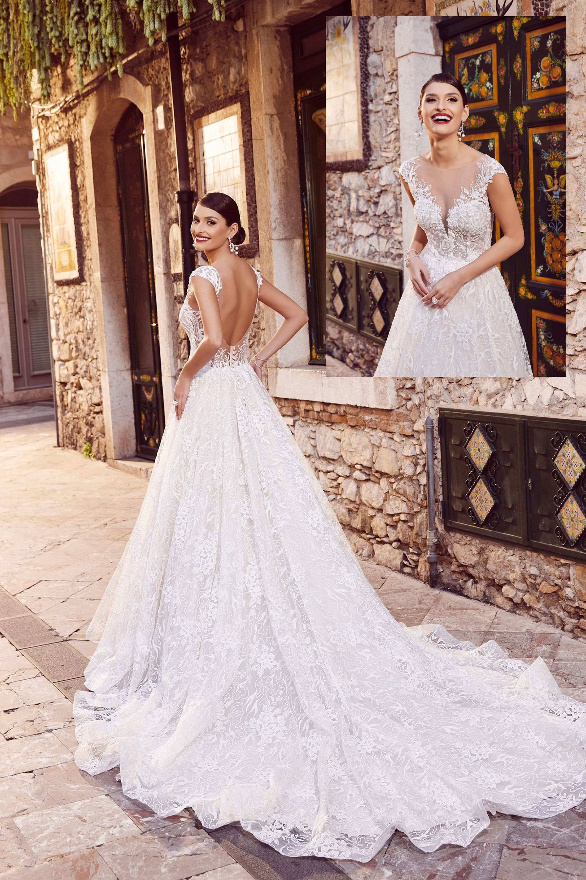 Una donna in abito da sposa è in piedi davanti a un edificio in pietra.