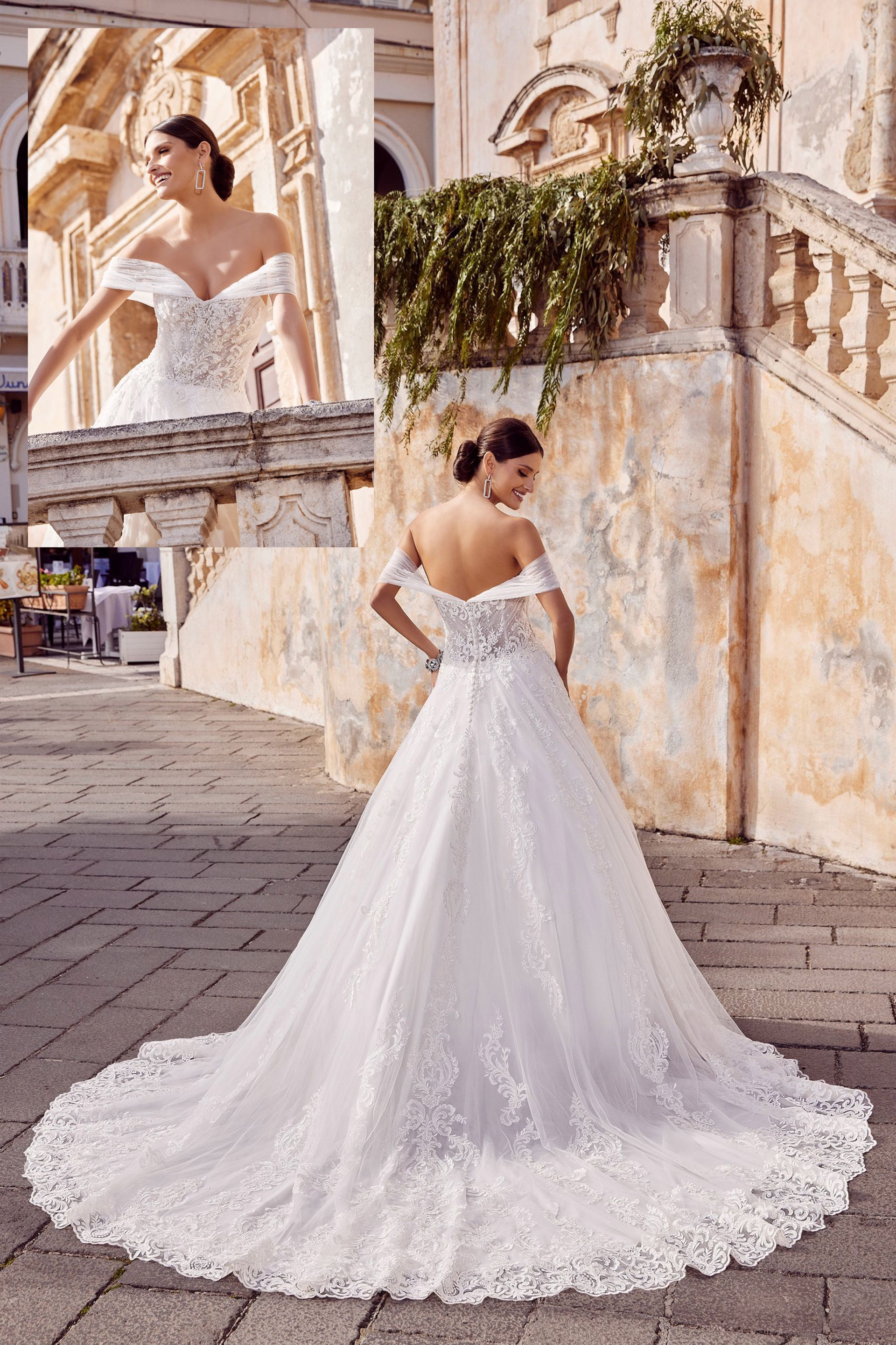 Una donna in abito da sposa bianco è in piedi su una rampa di scale.