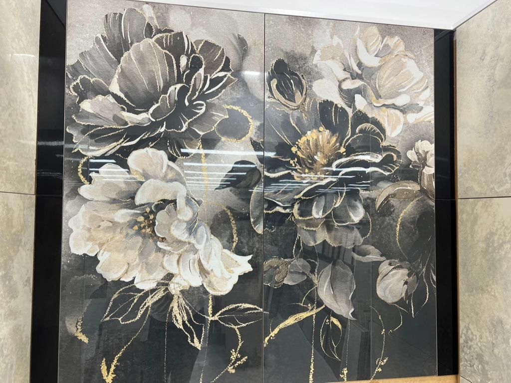 A Black and White Painting of Flowers on a Wall — Traditional Tiles & Flooring In Woree, QLD