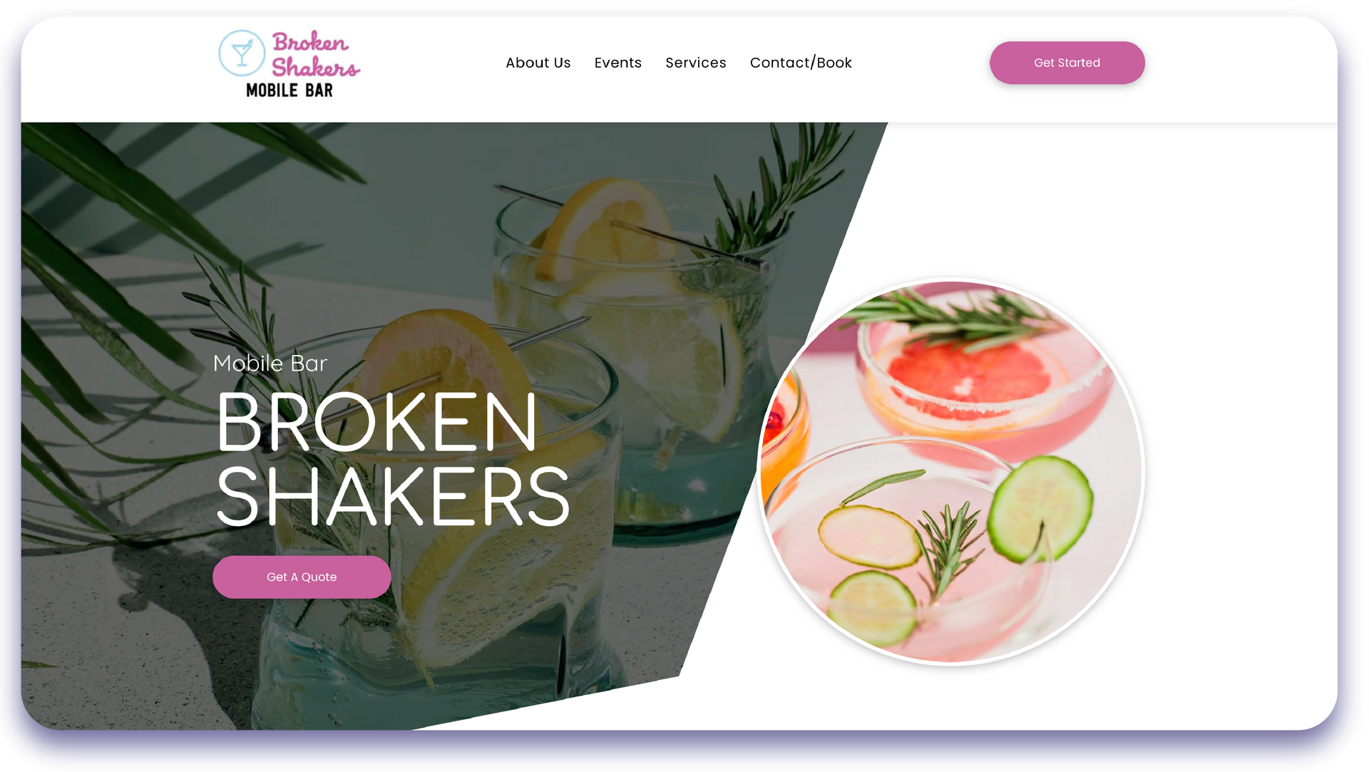 A broken shakers website shows a picture of a drink and a picture of a plate of food.