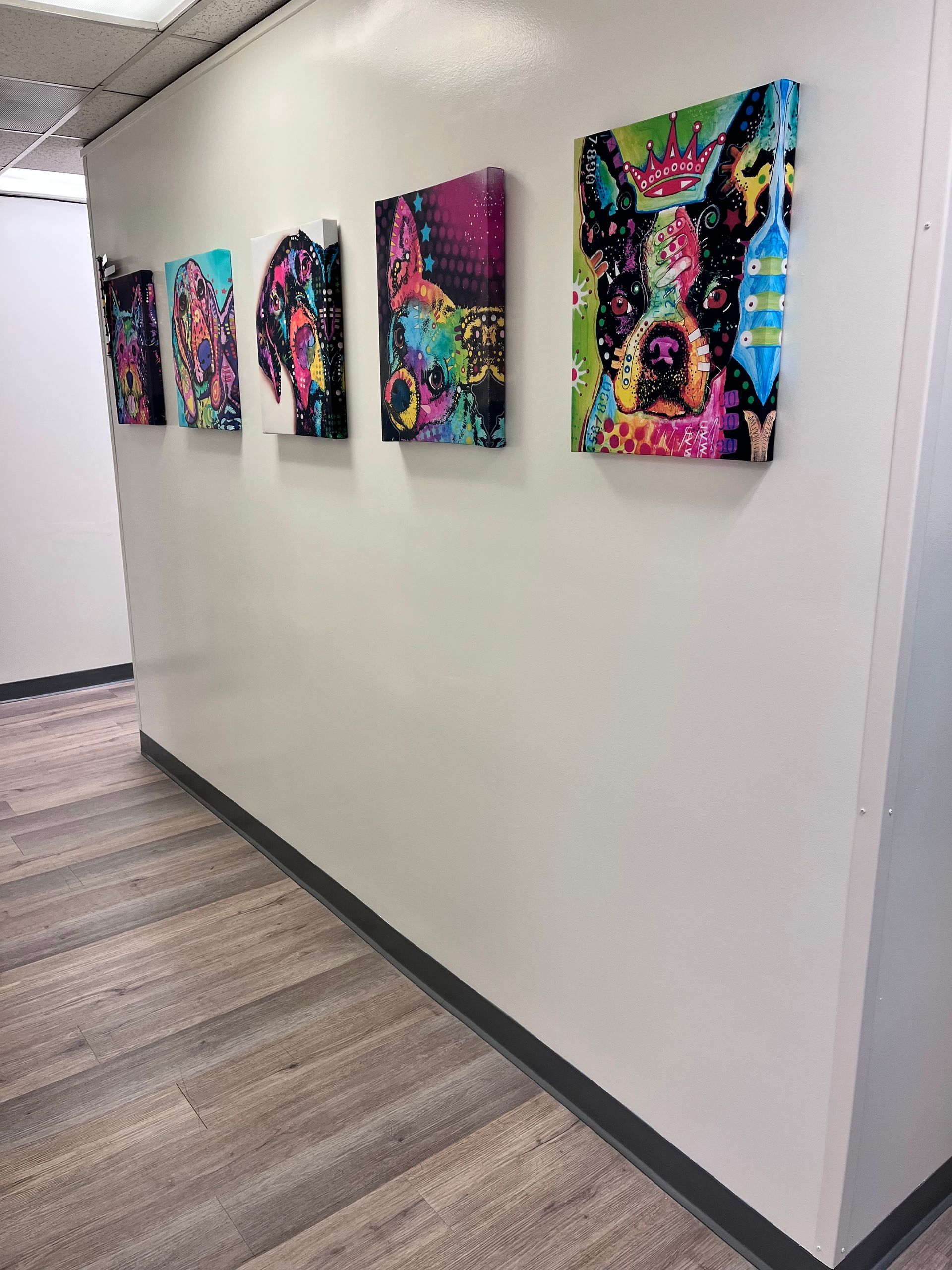 A hallway with a bunch of paintings on the wall