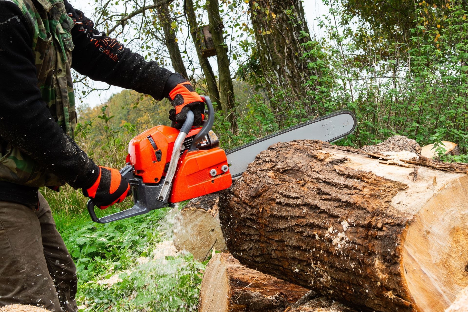A man is cutting a large log with a chainsaw.