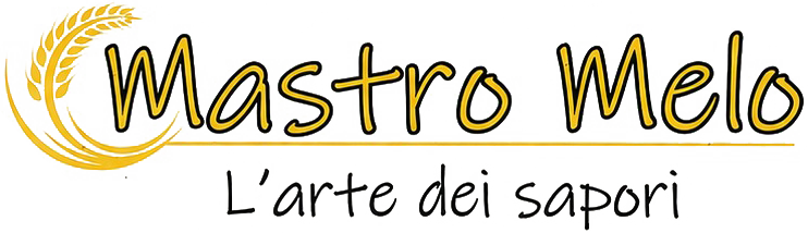Logo “Mastro Melo” con foglia d’oro e slogan “L’arte dei sapori” su sfondo bianco