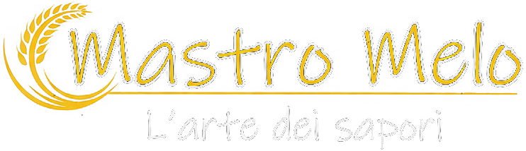 Logo dorato “Mastro Melo” con emblema di spiga di grano e slogan “l'arte dei sapori” sottostante su sfondo bianco.
