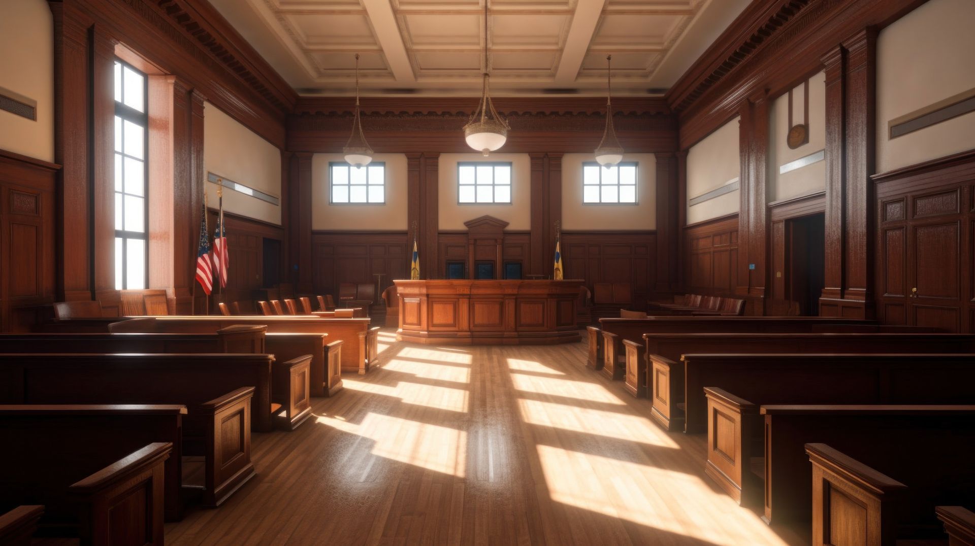 An empty courtroom with wooden benches and a judge's bench.